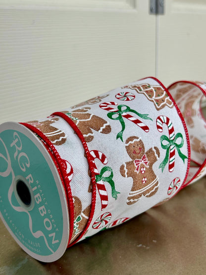 4 Inch By 10 Yard Gingerbread With Candy On Royal Ribbon