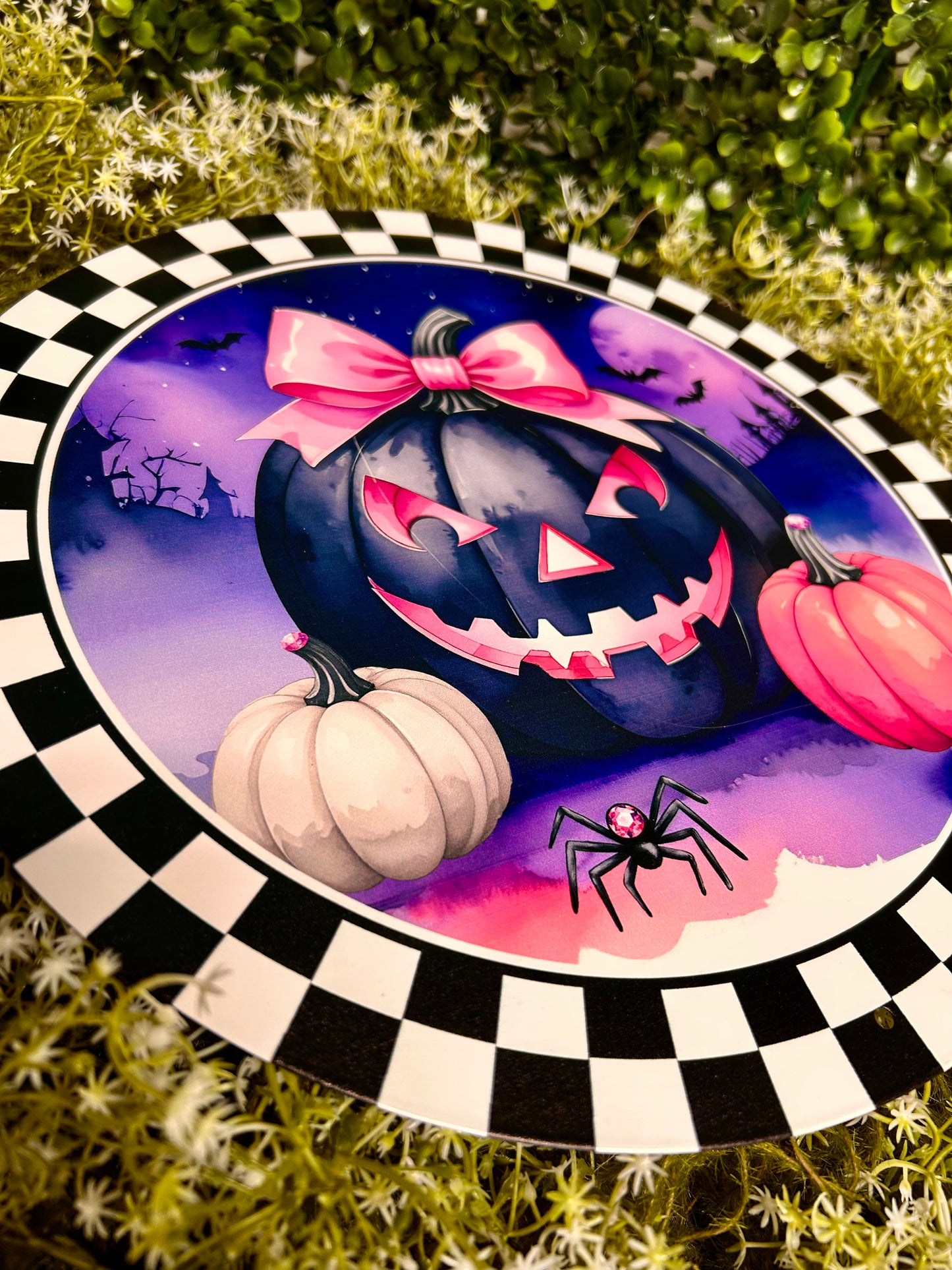 12 Inch Pink And Purple Jack-O-Lantern With Bow Sign