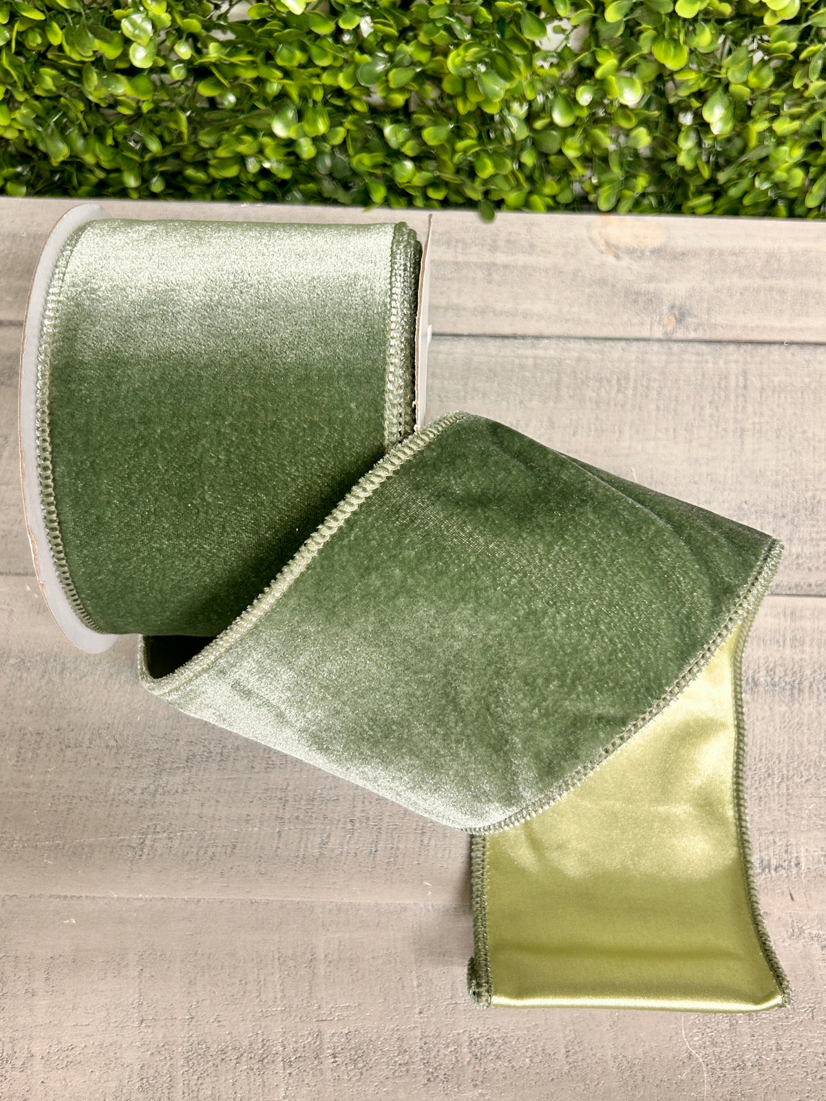 4 Inch By 10 Yard Sage Green Deluxe Velvet With Satin Backing Ribbon