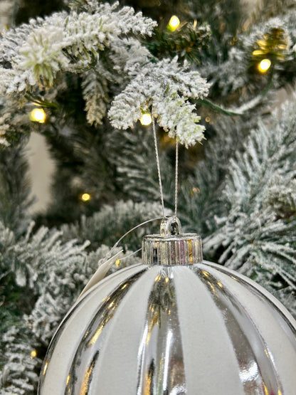 5 Inch White And Silver Stripe Ball Ornament