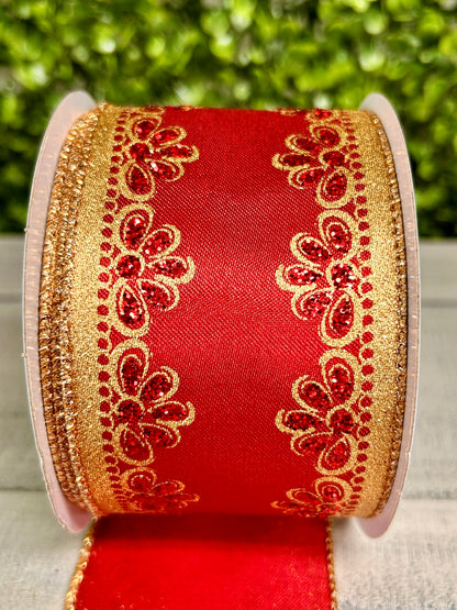 2.5 Inch By 10 Yard Red And Gold Lux Scallop Trim Ribbon