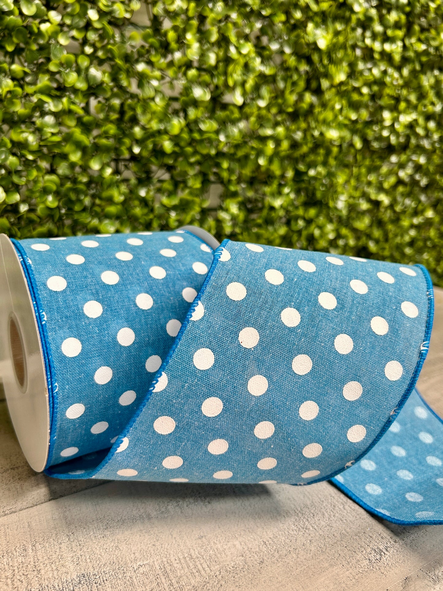 4 Inch By 10 Yard Blue Polka Dot Linen Ribbon