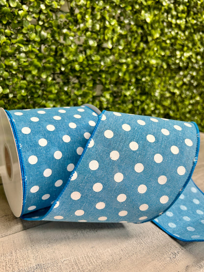4 Inch By 10 Yard Blue Polka Dot Linen Ribbon