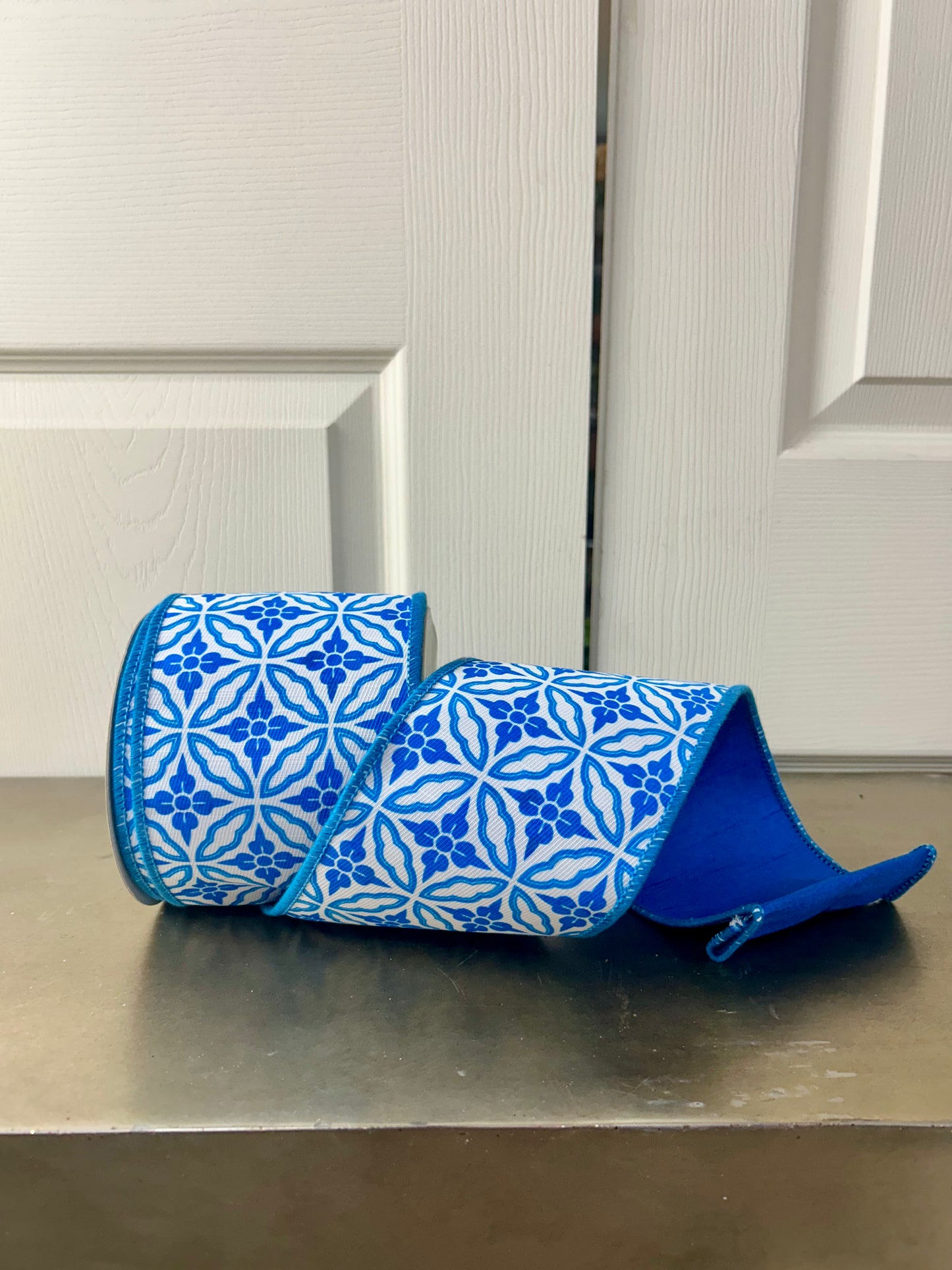 4 Inch By 10 Yard Blue And White Double Sided Geometric Dupioni Ribbon