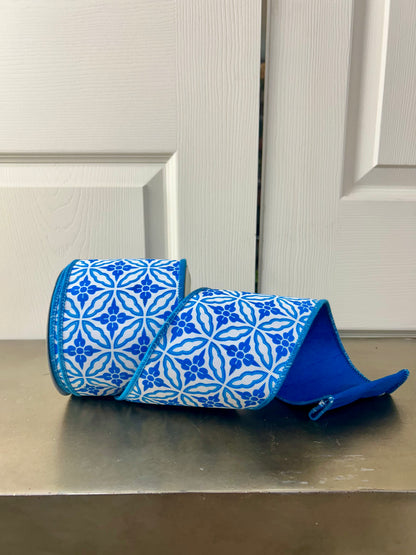 4 Inch By 10 Yard Blue And White Double Sided Geometric Dupioni Ribbon