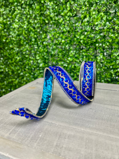 John Mark 1 Inch By 5 Yard Blue Jeweled Trim Metallic Dupioni Blue Ribbon
