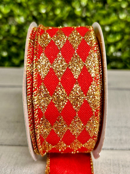 1.5 Inch By 10 Yard Red And Gold Glitter Harlequin Ribbon