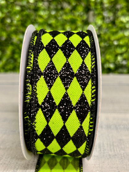 1.5 Inch By 10 Yard Fresh Green And Black Glitter Harlequin Ribbon