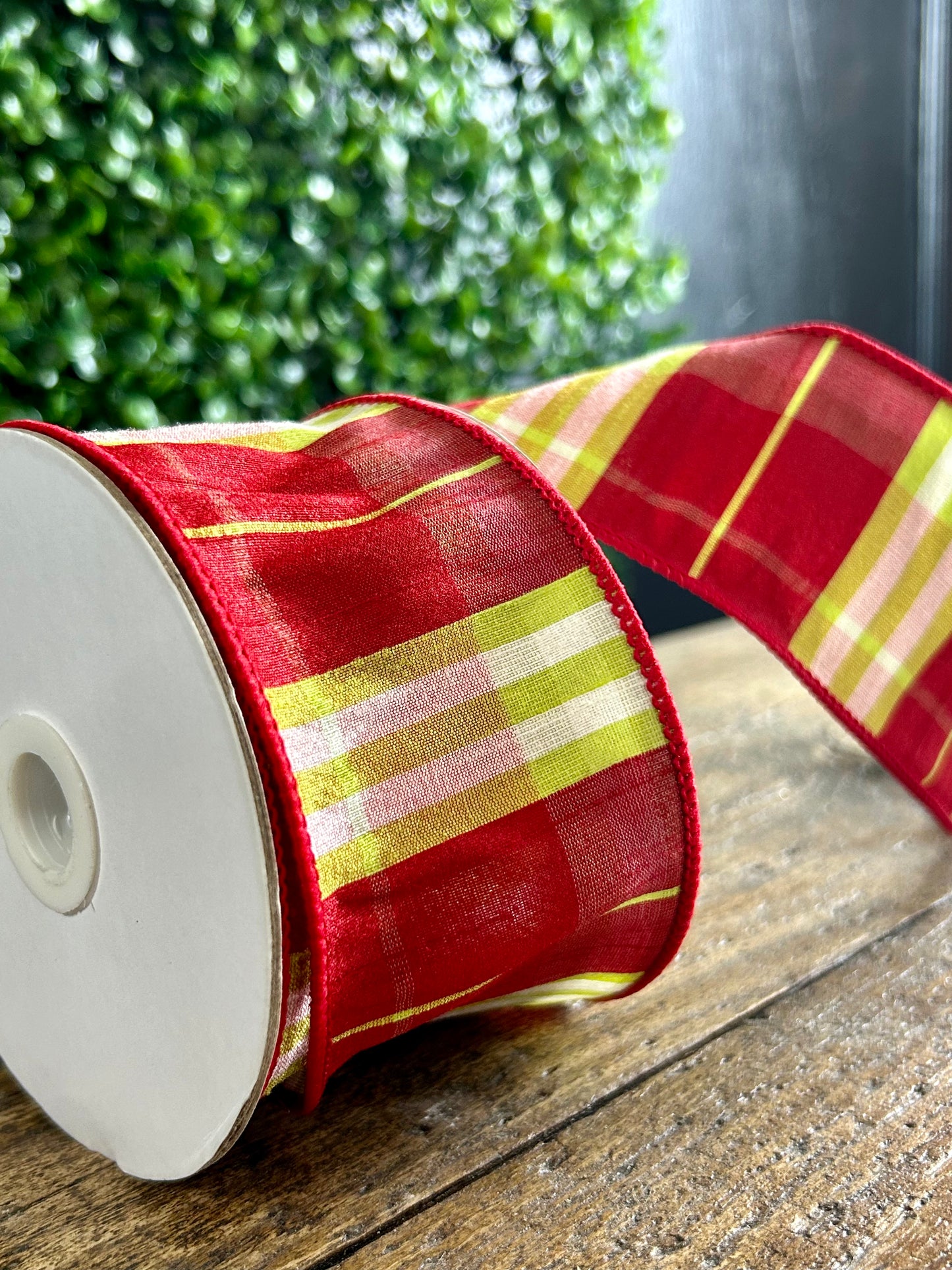 2.5 Inch By 10 Yard Red And Lime Plaid Dupioni Ribbon