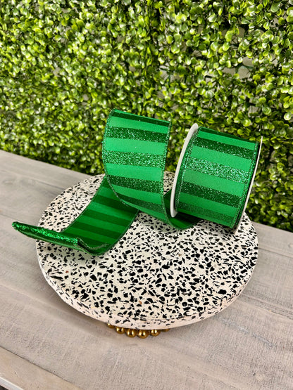 2.5 Inch By 10 Yard Emerald Green Horizontal Glitter Stripes Ribbon