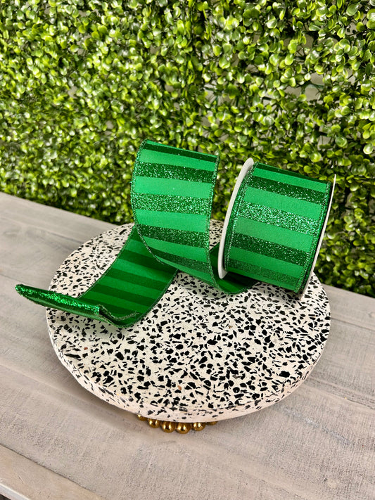 2.5 Inch By 10 Yard Emerald Green Horizontal Glitter Stripes Ribbon