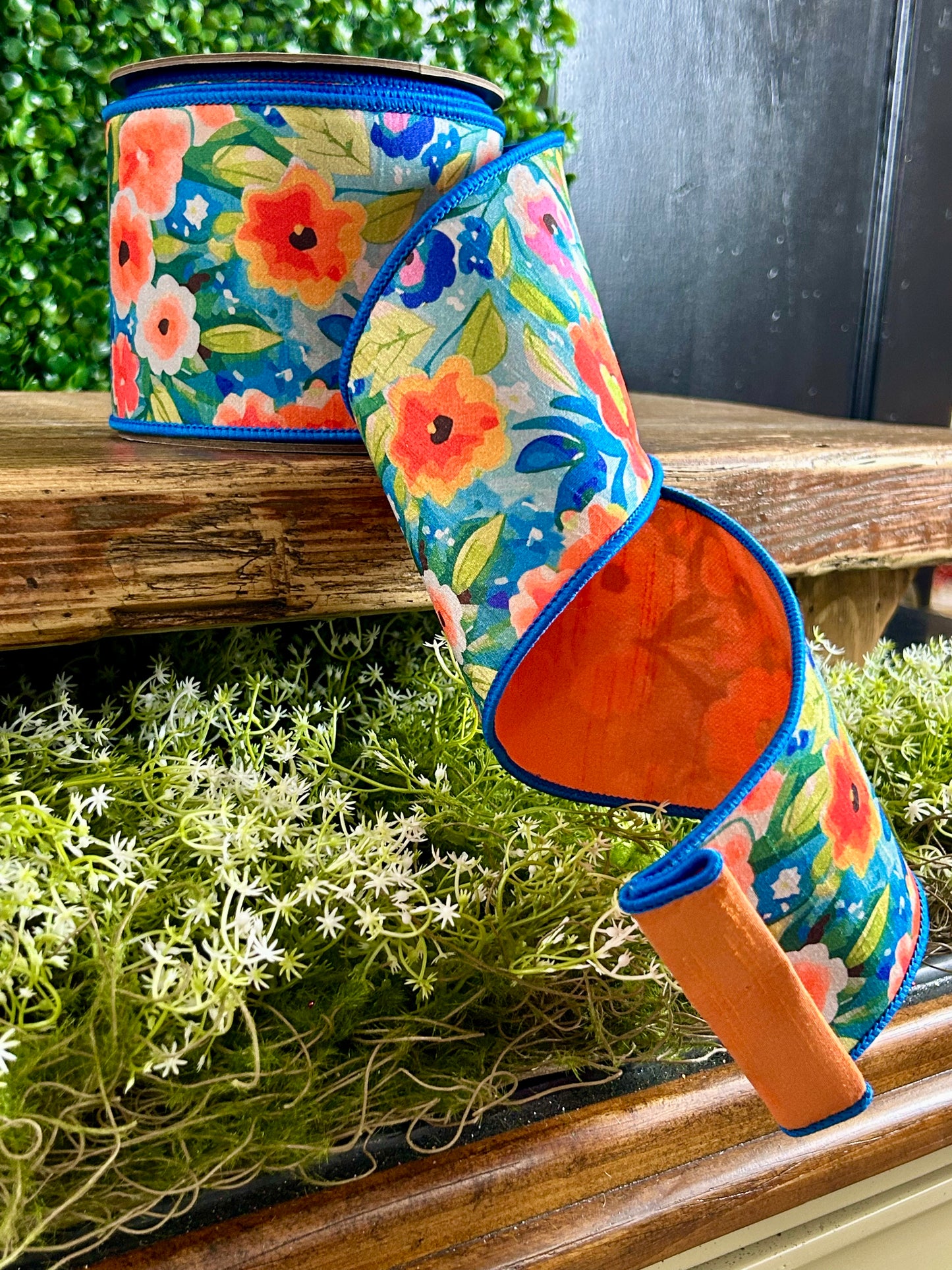 D. Stevens 4 Inch By 10 Yard Orange Blue And Green Watercolor Floral Garden Dupioni Ribbon