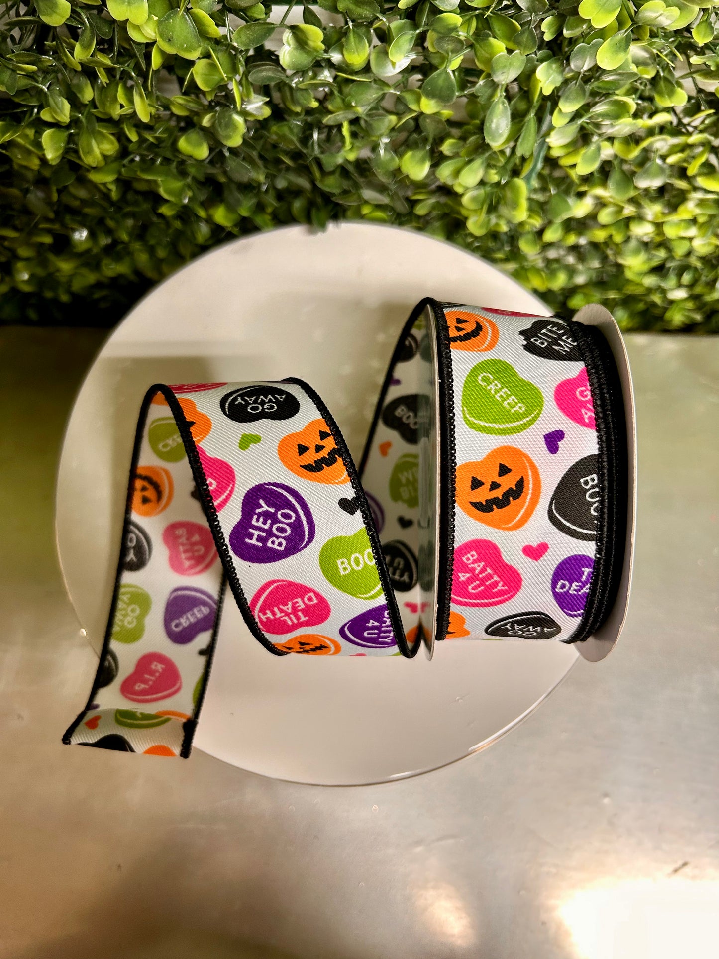 1.5 Inch By 10 Yard Halloween Candy Hearts Ribbon