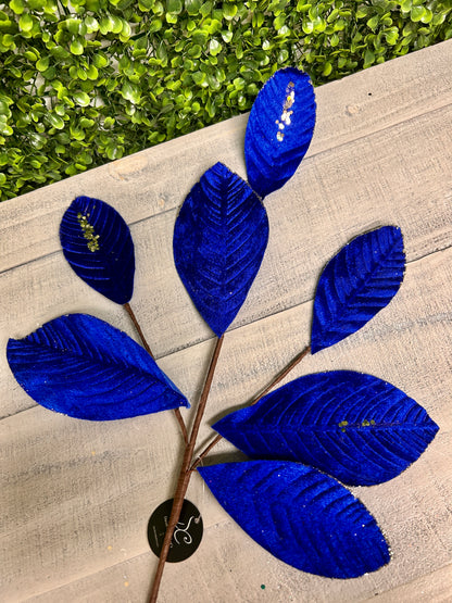 26 Inch Royal Blue Velvet Sequin Magnolia Leaf Spray