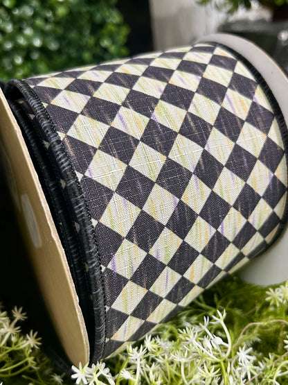 4 Inch By 10 Yard Black And Cream Antique Diamond Fused Ribbon
