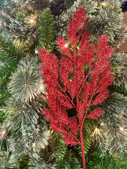 24 Inch Red Glitter Sequin Fern Spray