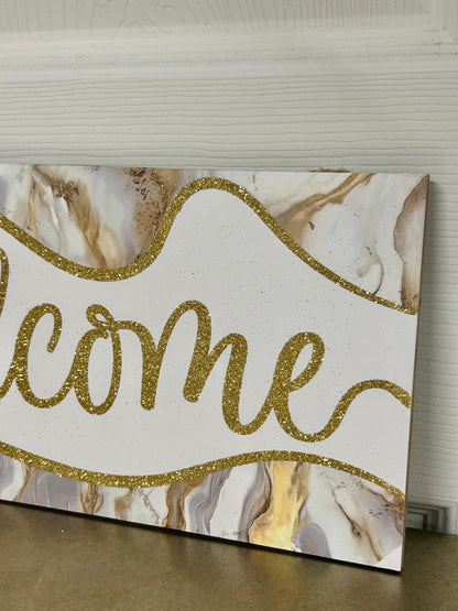 12.5 Inch Glitter Welcome Marble Wood Sign