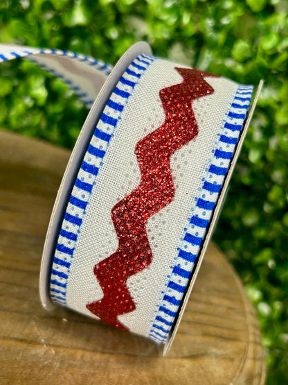 1.5 Inch By 10 Yard Red White And Blue Royal Burlap Ric Rac And Stripe Ribbon