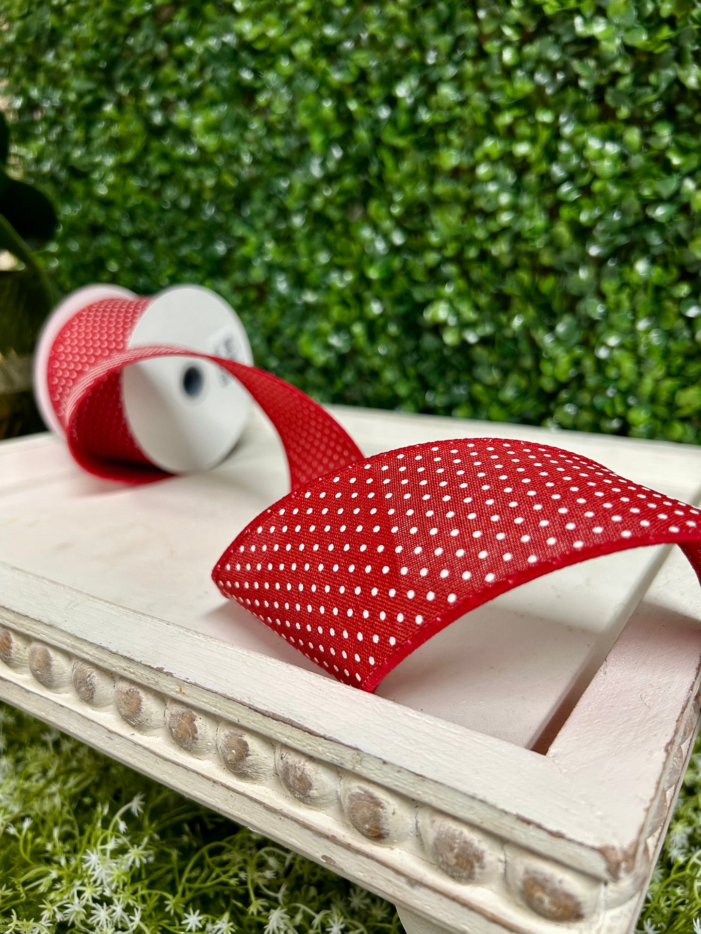 2.5 Inch By 10 Yard Red And White Raised Swiss Dots On Royal Ribbon