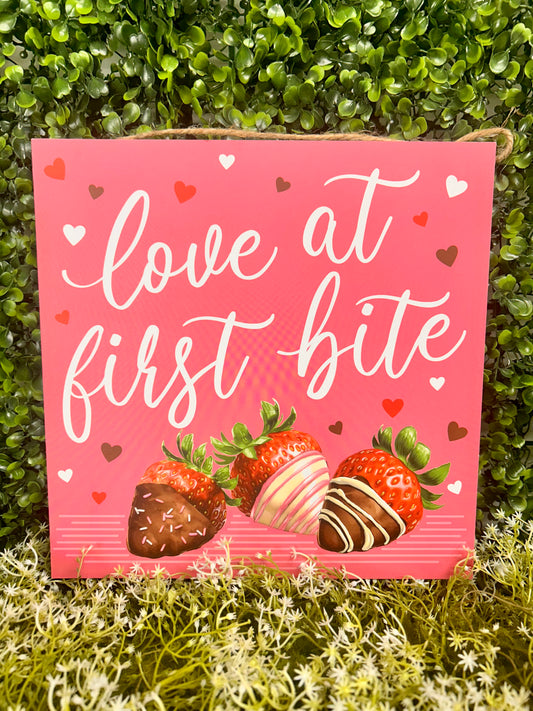10 Inch Love At First Bite Strawberry Wood Sign