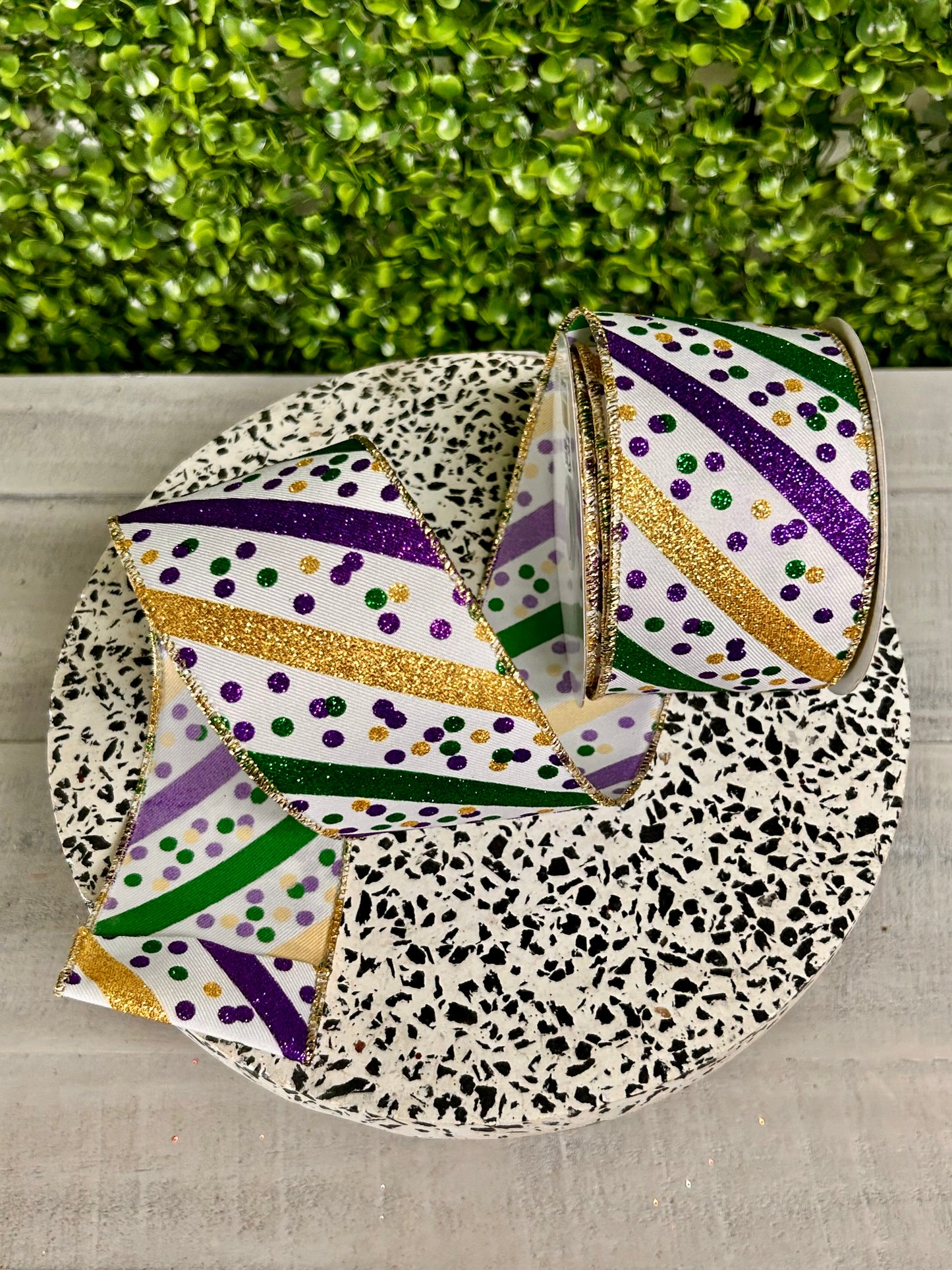 2.5 Inch By 10 Yard Mardi Gras Glitter Stripe With Confetti Dots Ribbon