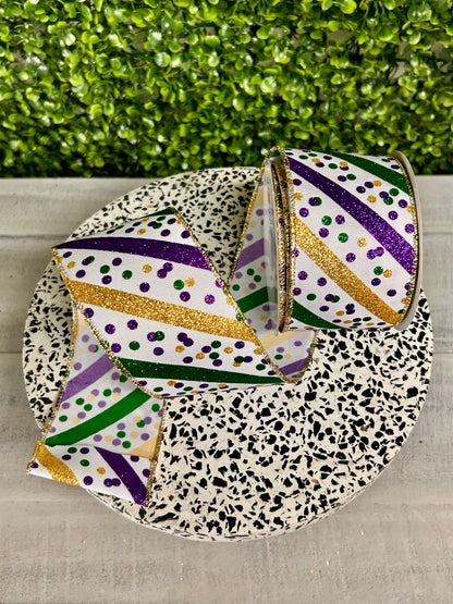 2.5 Inch By 10 Yard Mardi Gras Glitter Stripe With Confetti Dots Ribbon