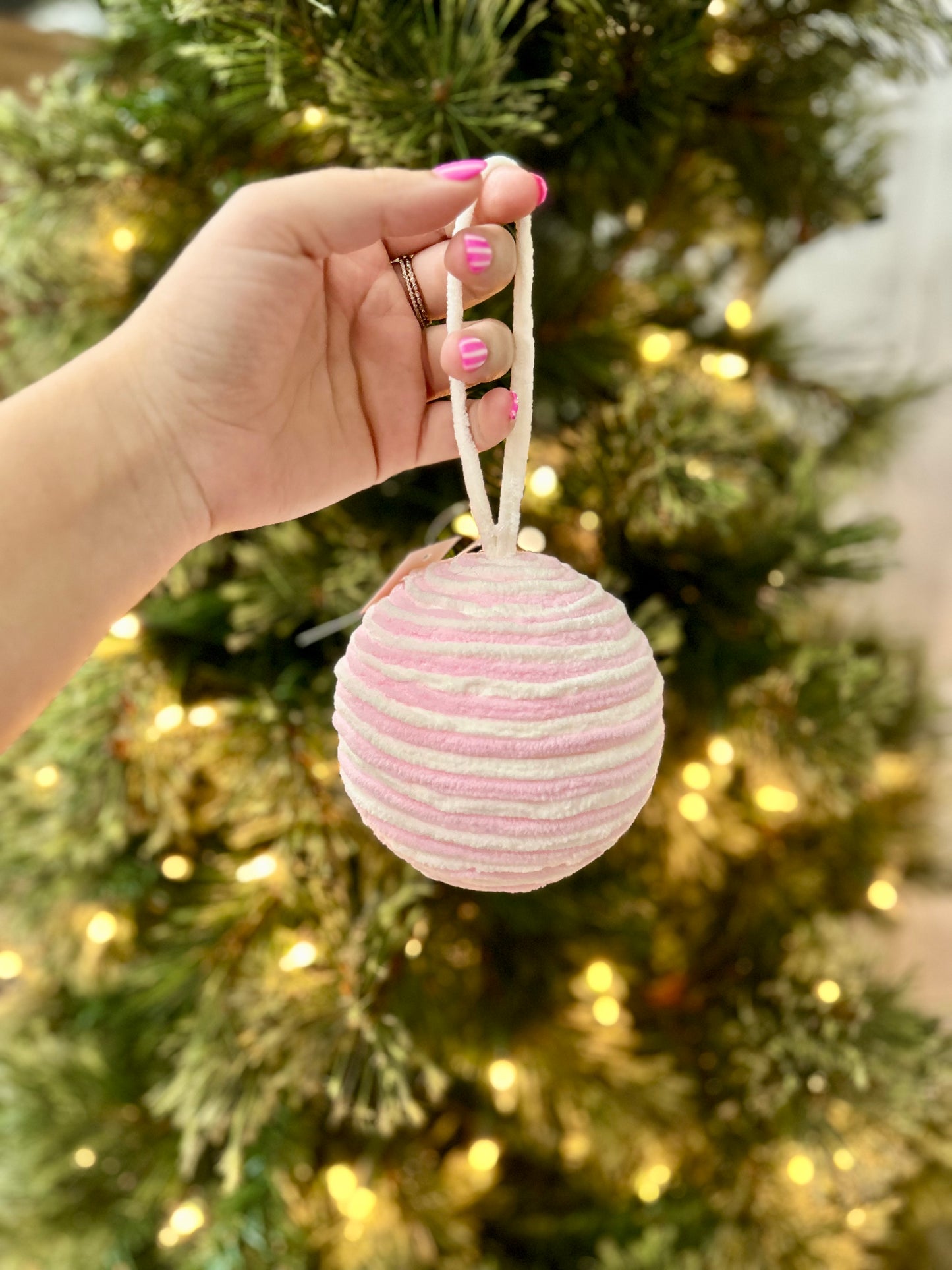 4.5 Inch Chenille Ball Ornament Pink And White