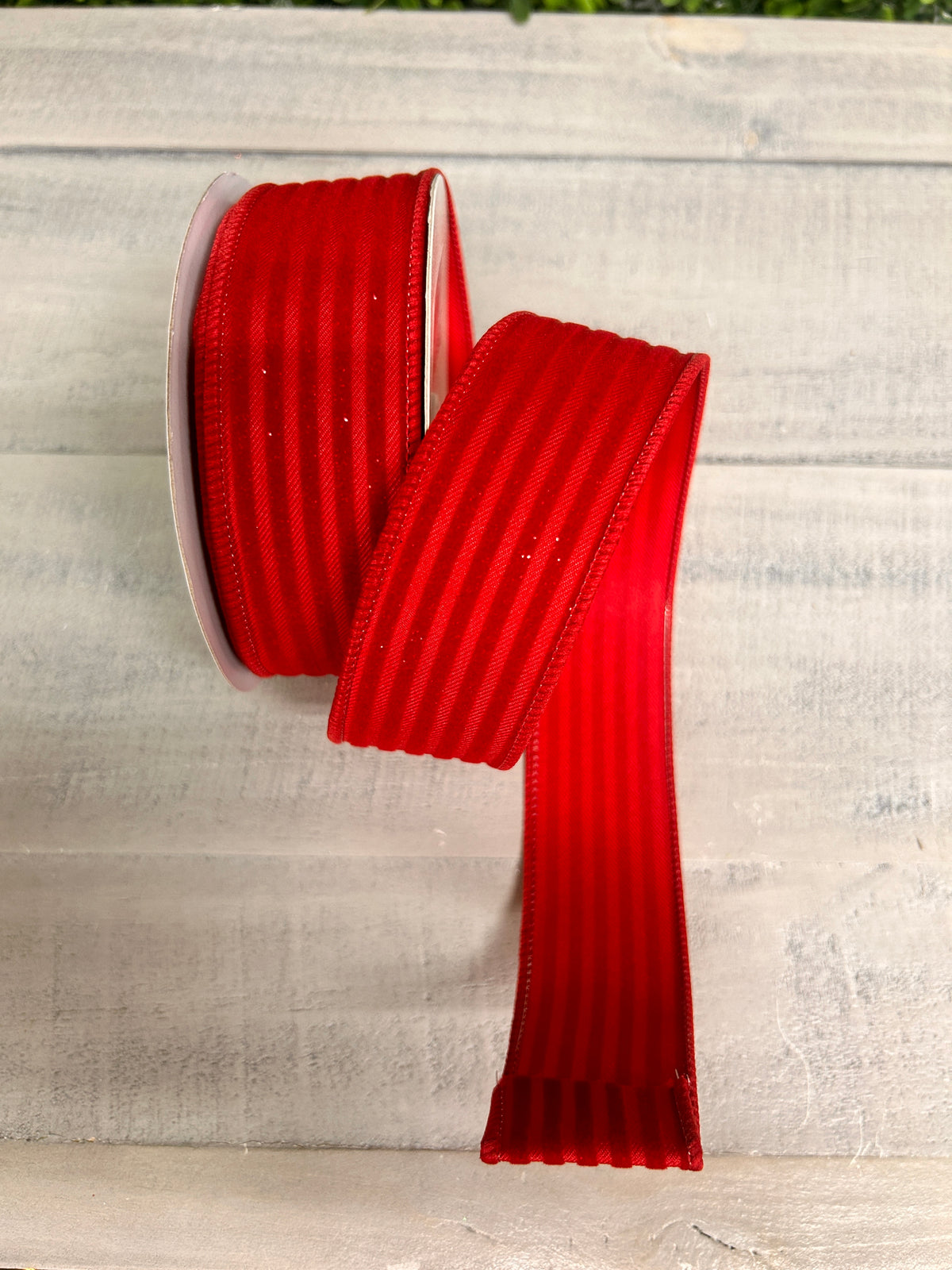 1.5 Inch By 10 Yard Red Glittered Velvet Vertical Lines Ribbon
