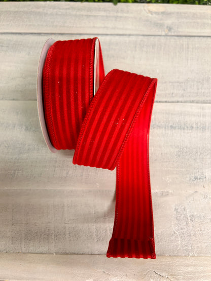 1.5 Inch By 10 Yard Red Glittered Velvet Vertical Lines Ribbon