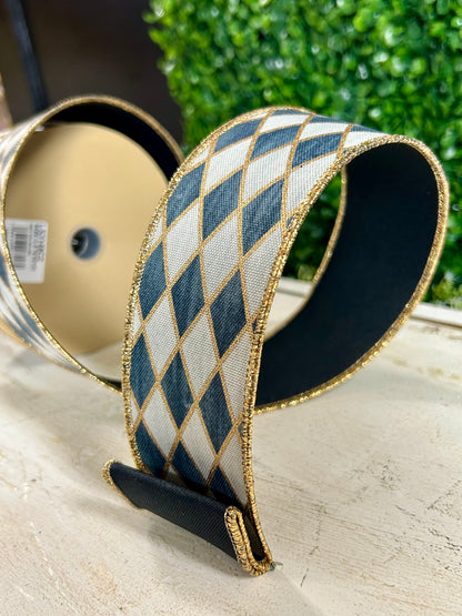 2.5 Inch By 10 Yard Cream Grey Gold And Black Antique Harlequin Fused Ribbon