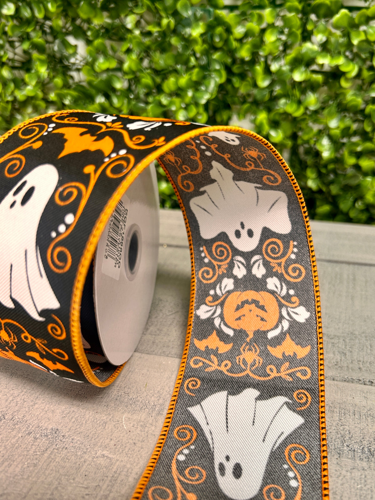 2.5 Inch By 10 Yard Ghost And Pumpkin Halloween Damask Ribbon