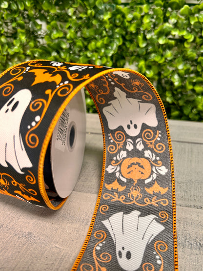 2.5 Inch By 10 Yard Ghost And Pumpkin Halloween Damask Ribbon