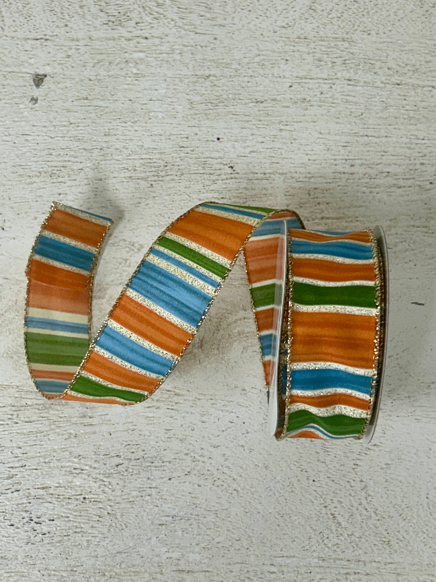 1.5 Inch By 10 Yard Rust Blue Moss And Gold Glitter Painted Stripes Ribbon