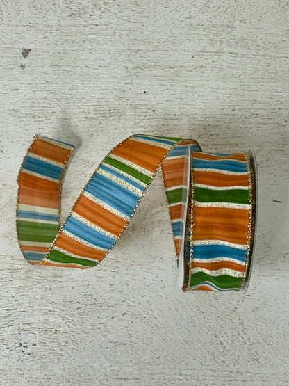 1.5 Inch By 10 Yard Rust Blue Moss And Gold Glitter Painted Stripes Ribbon