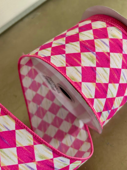 2.5 Inch By 10 Yard Hot Pink And White Antique Diamond Ribbon