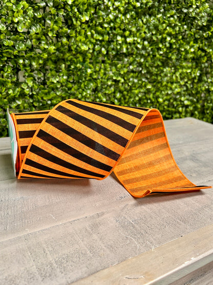 4 Inch By 10 Yard Orange And Black Medium Horizontal Stripe On Royal Ribbon
