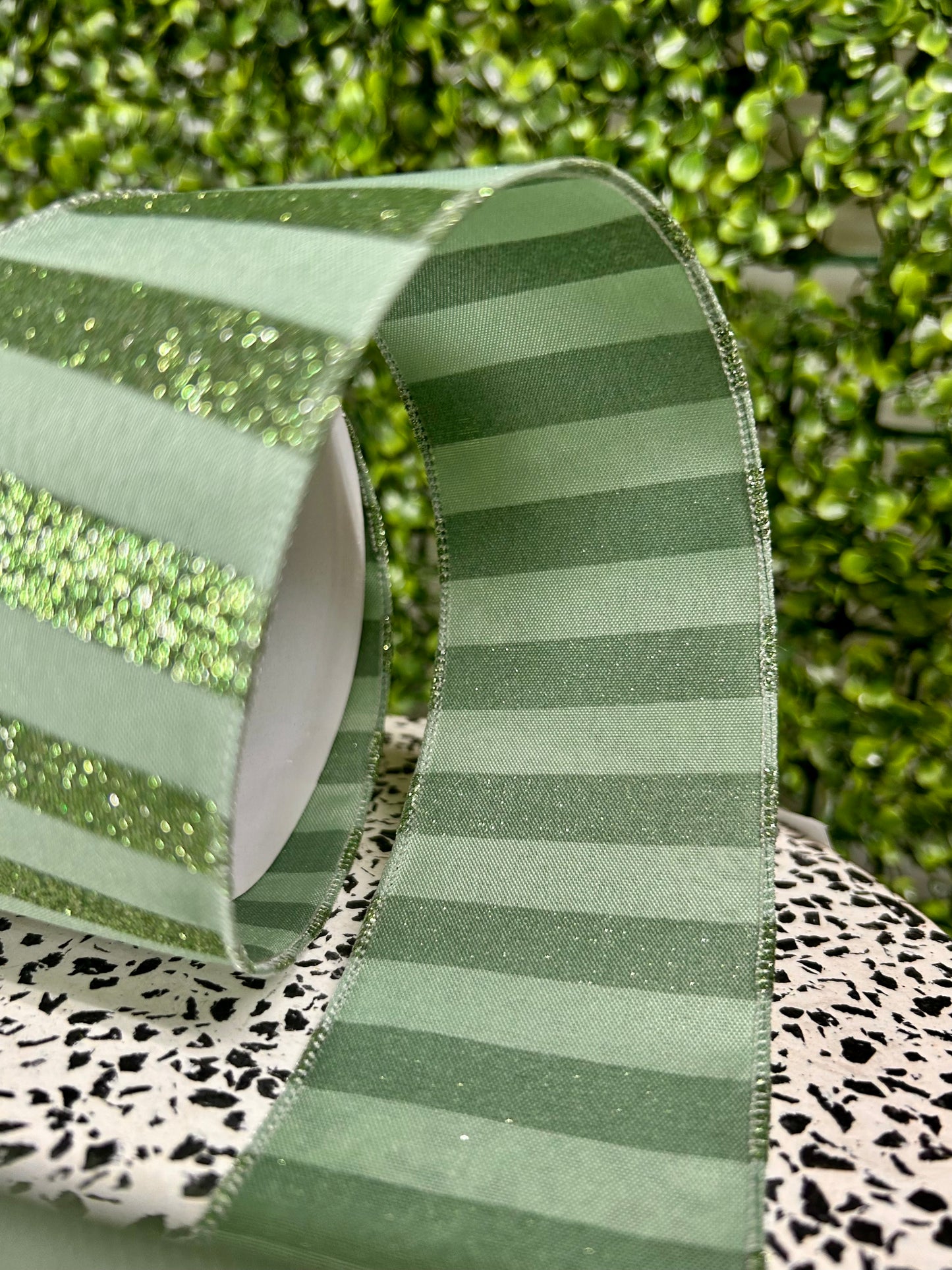 2.5 Inch By 10 Yard Sage Green Horizontal Glitter Stripes Ribbon