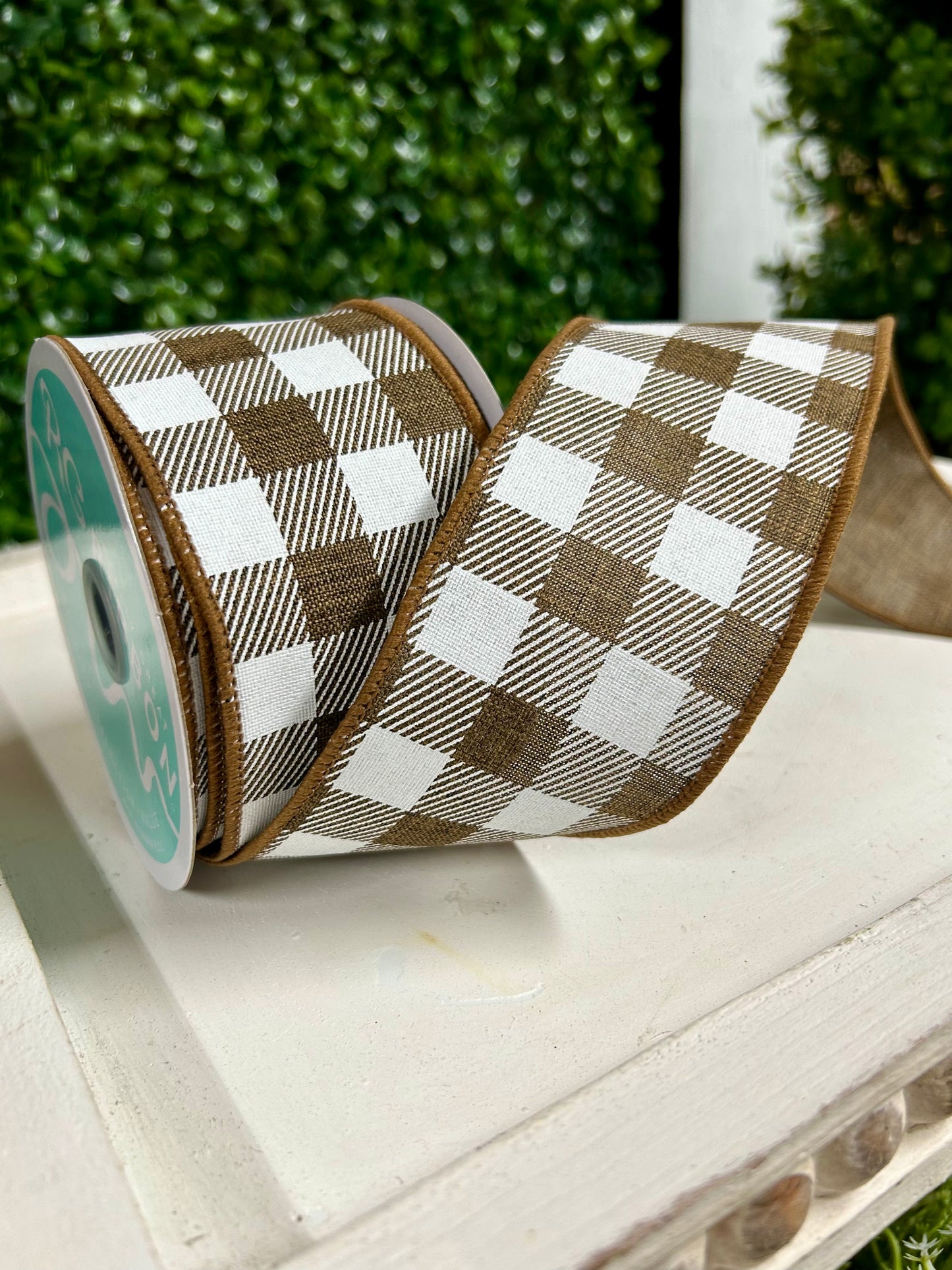 2.5 Inch By 10 Yard Brown And White Striped Check On Royal Ribbon