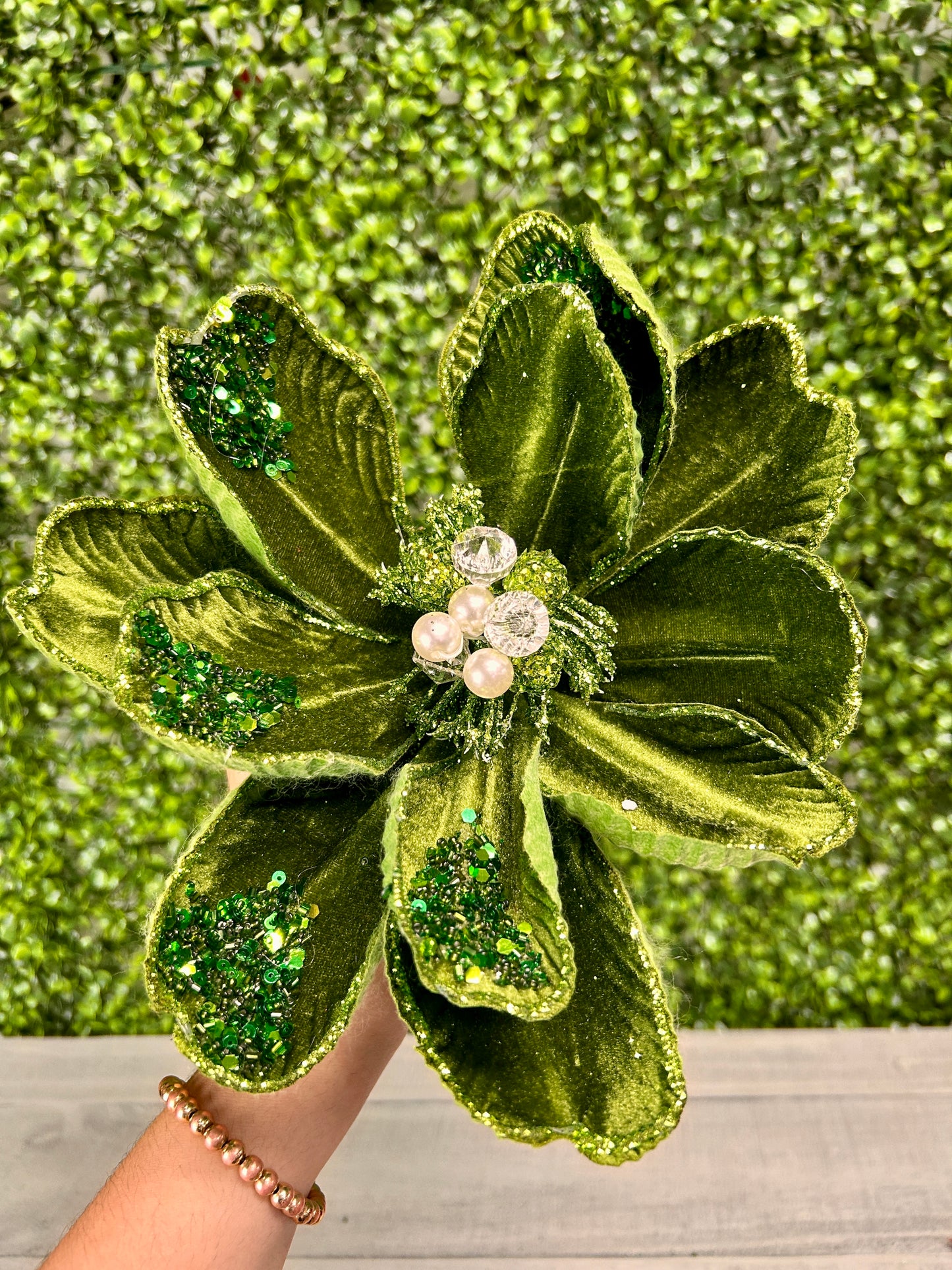 22 Inch Moss Green Glitter Sequin Bead Magnolia Stem