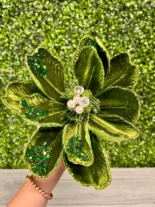22 Inch Moss Green Glitter Sequin Bead Magnolia Stem
