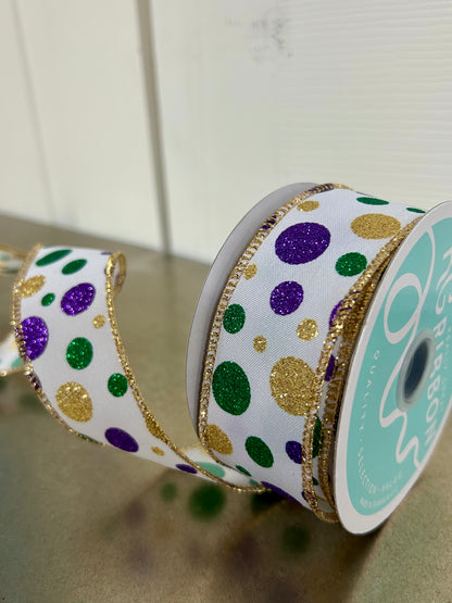 1.5 Inch By 10 Yard Purple Green And Gold Polka Dot Ribbon
