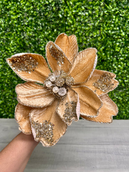 22 Inch Taupe Glitter Sequin And Bead Magnolia Spray