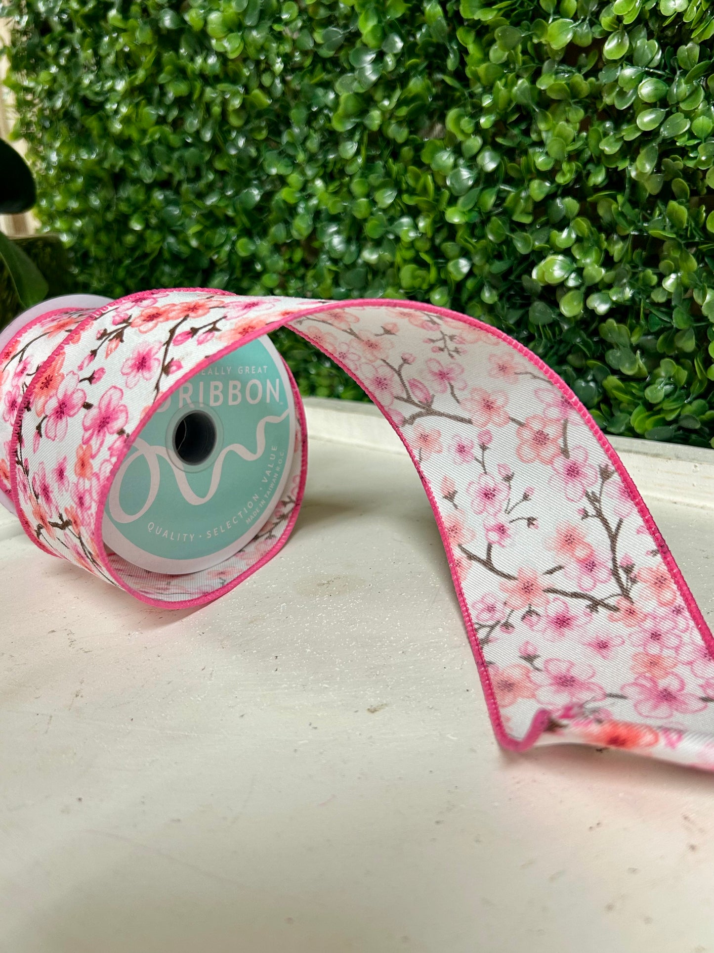 2.5 Inch White Pink And Peach Cherry Blossoms Ribbon