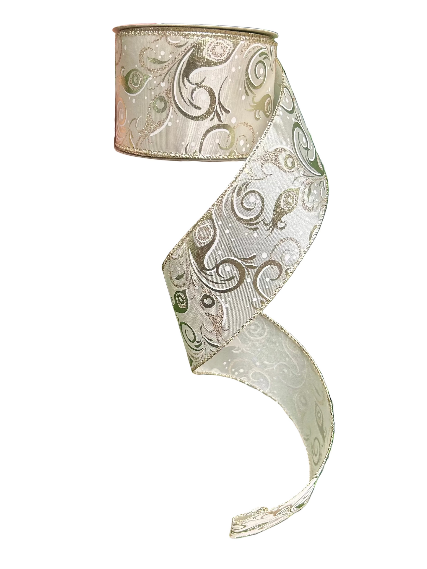 2.5 Inch By 10 Yard Champagne Peacock Swirls Ribbon