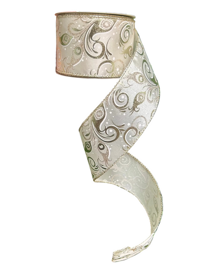 2.5 Inch By 10 Yard Champagne Peacock Swirls Ribbon