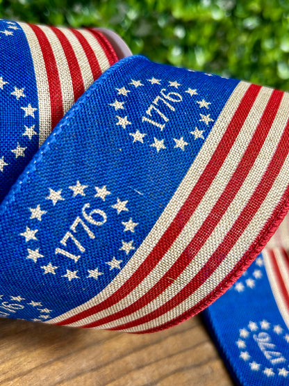 2.5 Inch By 10 Yard Natural Red And Blue 1776 Stars And Stripes Ribbon