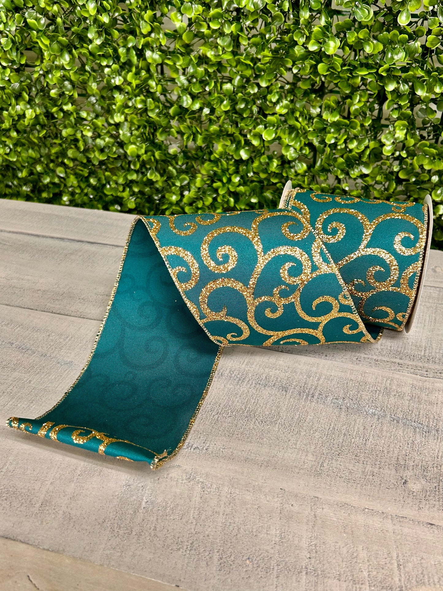 4 Inch By 10 Yard Dark Teal And Gold Glitter Swirl Ribbon