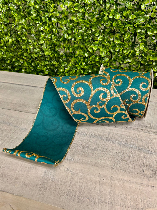 4 Inch By 10 Yard Dark Teal And Gold Glitter Swirl Ribbon