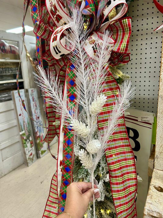 33 Inch White Glitter Pinecone Spray