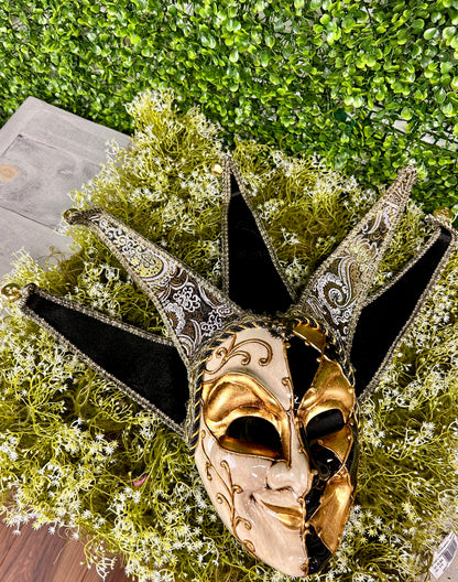 13.25 Inch Black White And Gold Jester Mask